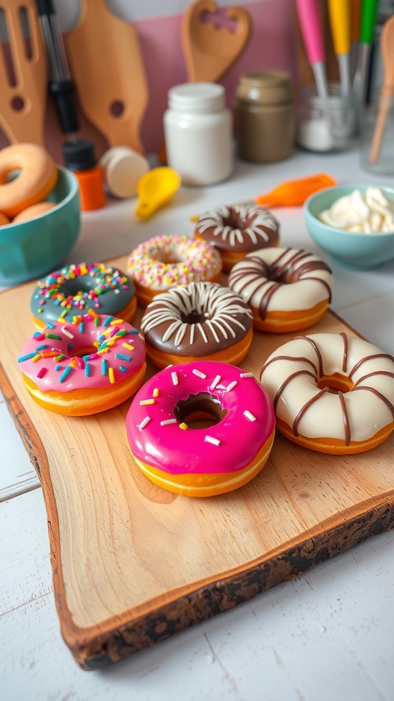 An array of creatively decorated donuts with colorful icing and toppings on a wooden platter.